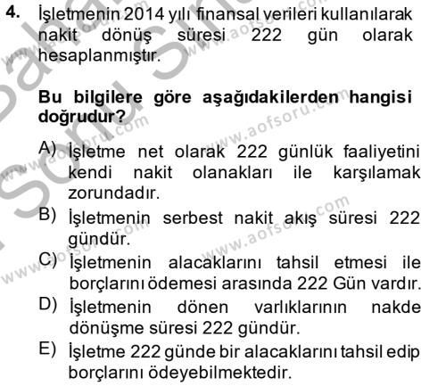 Finansal Tablolar Analizi Dersi 2014 - 2015 Yılı (Final) Dönem Sonu Sınavı 4. Soru