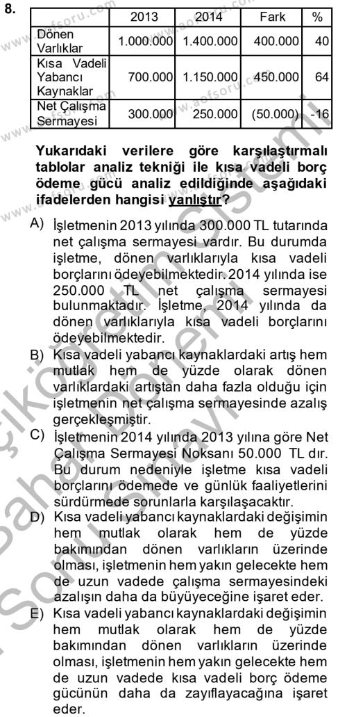 Finansal Tablolar Analizi Dersi 2014 - 2015 Yılı (Final) Dönem Sonu Sınavı 8. Soru