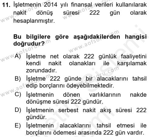 Finansal Tablolar Analizi Dersi 2015 - 2016 Yılı (Vize) Ara Sınavı 11. Soru