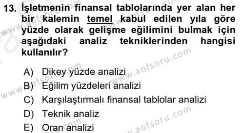 Finansal Tablolar Analizi Dersi 2015 - 2016 Yılı (Vize) Ara Sınavı 13. Soru