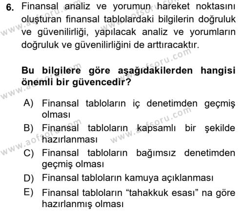 Finansal Tablolar Analizi Dersi 2015 - 2016 Yılı (Vize) Ara Sınavı 6. Soru