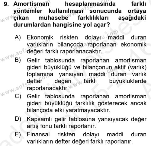 Finansal Tablolar Analizi Dersi 2015 - 2016 Yılı (Vize) Ara Sınavı 9. Soru