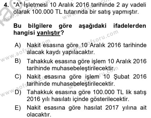 Finansal Tablolar Analizi Dersi 2016 - 2017 Yılı (Vize) Ara Sınavı 4. Soru