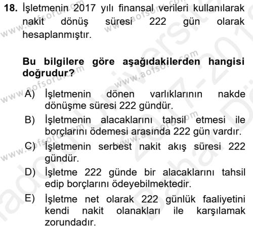 Finansal Tablolar Analizi Dersi 2017 - 2018 Yılı (Vize) Ara Sınavı 18. Soru