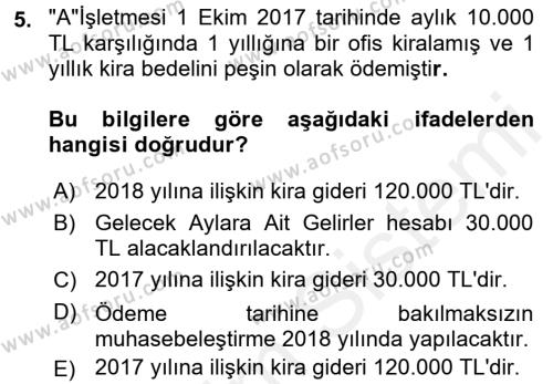 Finansal Tablolar Analizi Dersi 2017 - 2018 Yılı (Vize) Ara Sınavı 5. Soru