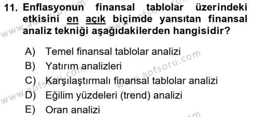 Finansal Tablolar Analizi Dersi 2018 - 2019 Yılı 3 Ders Sınavı 11. Soru