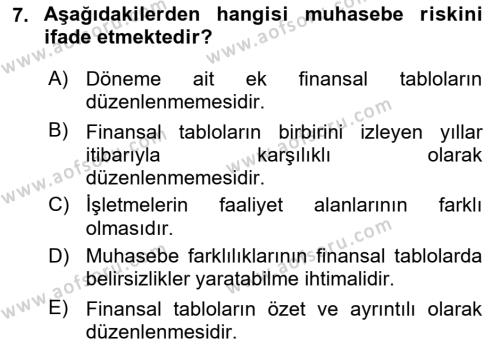 Finansal Tablolar Analizi Dersi 2018 - 2019 Yılı 3 Ders Sınavı 7. Soru