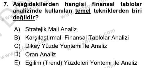 Finansal Tablolar Analizi Dersi 2021 - 2022 Yılı (Final) Dönem Sonu Sınavı 7. Soru
