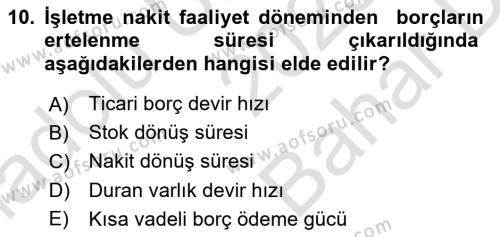 Finansal Tablolar Analizi Dersi 2023 - 2024 Yılı (Vize) Ara Sınavı 10. Soru