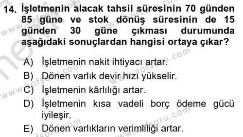 Finansal Tablolar Analizi Dersi 2023 - 2024 Yılı (Vize) Ara Sınavı 14. Soru