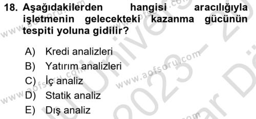 Finansal Tablolar Analizi Dersi 2023 - 2024 Yılı (Vize) Ara Sınavı 18. Soru