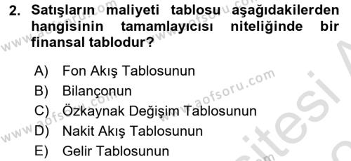 Finansal Tablolar Analizi Dersi 2023 - 2024 Yılı (Vize) Ara Sınavı 2. Soru