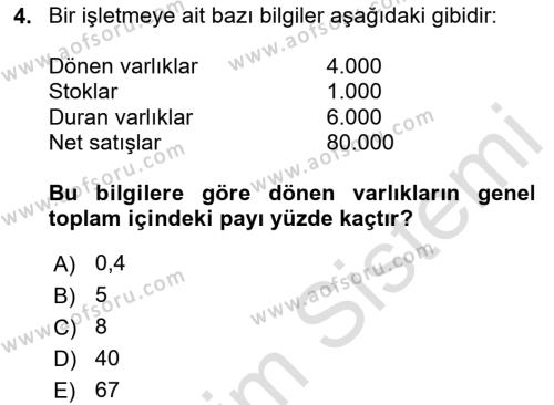 Finansal Tablolar Analizi Dersi 2023 - 2024 Yılı (Vize) Ara Sınavı 4. Soru