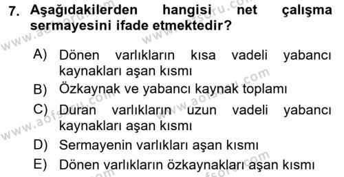 Finansal Tablolar Analizi Dersi 2023 - 2024 Yılı (Vize) Ara Sınavı 7. Soru