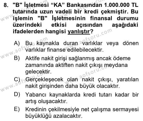 Finansal Tablolar Analizi Dersi 2023 - 2024 Yılı (Vize) Ara Sınavı 8. Soru