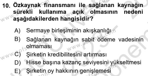 Finansal Tablolar Analizi Dersi 2023 - 2024 Yılı (Final) Dönem Sonu Sınavı 10. Soru