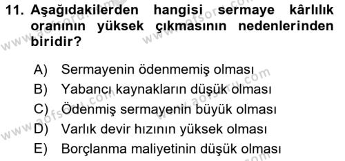 Finansal Tablolar Analizi Dersi 2023 - 2024 Yılı (Final) Dönem Sonu Sınavı 11. Soru