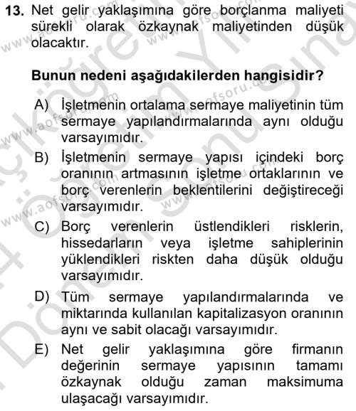 Finansal Tablolar Analizi Dersi 2023 - 2024 Yılı (Final) Dönem Sonu Sınavı 13. Soru