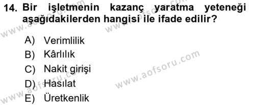 Finansal Tablolar Analizi Dersi 2023 - 2024 Yılı (Final) Dönem Sonu Sınavı 14. Soru