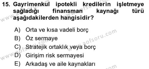 Finansal Tablolar Analizi Dersi 2023 - 2024 Yılı (Final) Dönem Sonu Sınavı 15. Soru