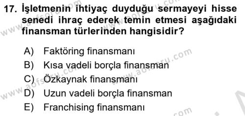 Finansal Tablolar Analizi Dersi 2023 - 2024 Yılı (Final) Dönem Sonu Sınavı 17. Soru