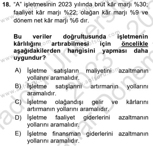 Finansal Tablolar Analizi Dersi 2023 - 2024 Yılı (Final) Dönem Sonu Sınavı 18. Soru