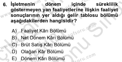 Finansal Tablolar Analizi Dersi 2023 - 2024 Yılı (Final) Dönem Sonu Sınavı 6. Soru