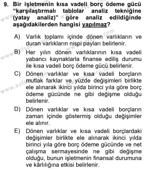 Finansal Tablolar Analizi Dersi 2023 - 2024 Yılı (Final) Dönem Sonu Sınavı 9. Soru