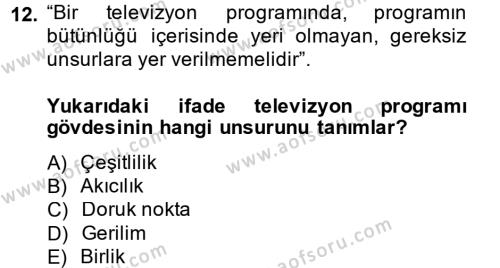Televizyon Program Yapımı Dersi 2013 - 2014 Yılı (Vize) Ara Sınavı 12. Soru