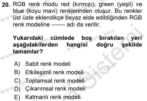 Sayısal Fotoğraf İşleme Teknikleri Dersi 2021 - 2022 Yılı Yaz Okulu Sınavı 20. Soru