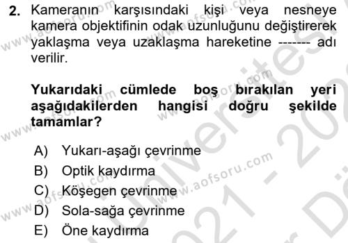 Videonun Kullanım Alanları Dersi 2021 - 2022 Yılı (Vize) Ara Sınavı 2. Soru