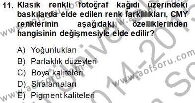 Sayısal Fotoğraf Baskı Teknikleri Dersi 2014 - 2015 Yılı (Final) Dönem Sonu Sınavı 11. Soru