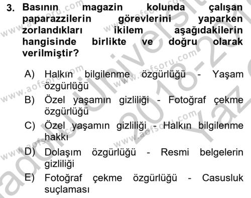 Basın Fotoğrafçılığı Dersi 2018 - 2019 Yılı Yaz Okulu Sınavı 3. Soru