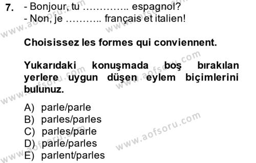 Fransızca 1 Dersi 2013 - 2014 Yılı (Vize) Ara Sınavı 7. Soru