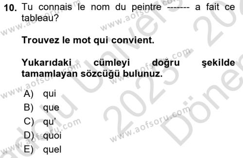 Fransızca 1 Dersi 2023 - 2024 Yılı (Final) Dönem Sonu Sınavı 10. Soru