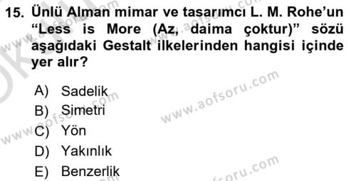 Temel Sanat ve Tasarım Eğitimi Dersi 2021 - 2022 Yılı Yaz Okulu Sınavı 15. Soru