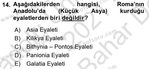 Anadolu Kültür Tarihi Dersi 2021 - 2022 Yılı (Vize) Ara Sınavı 14. Soru