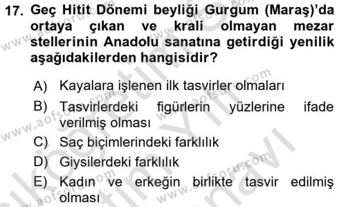 Anadolu Kültür Tarihi Dersi 2021 - 2022 Yılı (Vize) Ara Sınavı 17. Soru