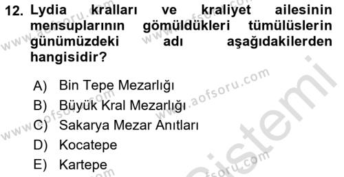 Anadolu Kültür Tarihi Dersi 2021 - 2022 Yılı Yaz Okulu Sınavı 12. Soru