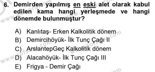 Anadolu Kültür Tarihi Dersi 2021 - 2022 Yılı Yaz Okulu Sınavı 6. Soru