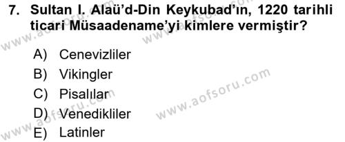 Anadolu Kültür Tarihi Dersi 2021 - 2022 Yılı Yaz Okulu Sınavı 7. Soru