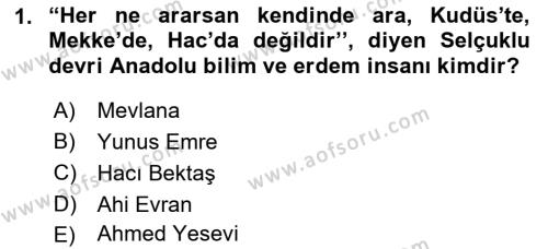 Anadolu Kültür Tarihi Dersi 2022 - 2023 Yılı Yaz Okulu Sınavı 1. Soru