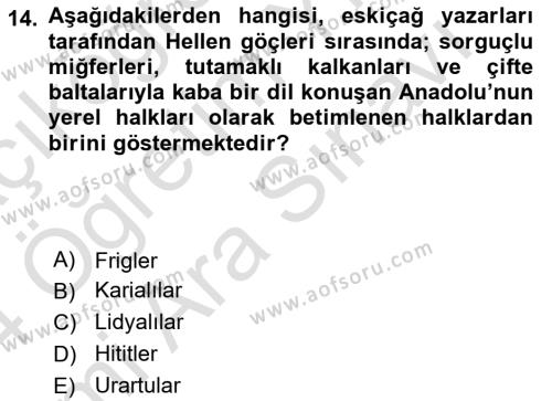 Anadolu Kültür Tarihi Dersi 2023 - 2024 Yılı (Vize) Ara Sınavı 14. Soru