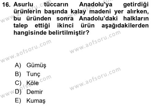 Anadolu Kültür Tarihi Dersi 2023 - 2024 Yılı (Vize) Ara Sınavı 16. Soru