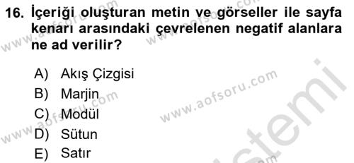 Tipografi Dersi 2022 - 2023 Yılı Yaz Okulu Sınavı 16. Soru