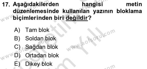 Tipografi Dersi 2022 - 2023 Yılı Yaz Okulu Sınavı 17. Soru