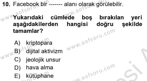 Dijital Kültür Dersi 2022 - 2023 Yılı Yaz Okulu Sınavı 10. Soru