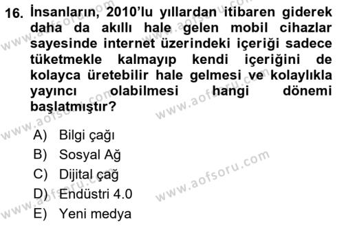 Dijital Kültür Dersi 2022 - 2023 Yılı Yaz Okulu Sınavı 16. Soru