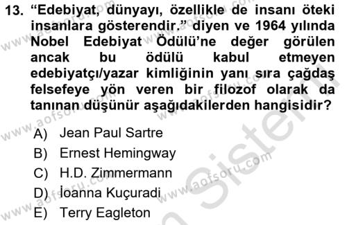 Sanatta Eleştirel Düşünce Dersi 2023 - 2024 Yılı (Vize) Ara Sınavı 13. Soru