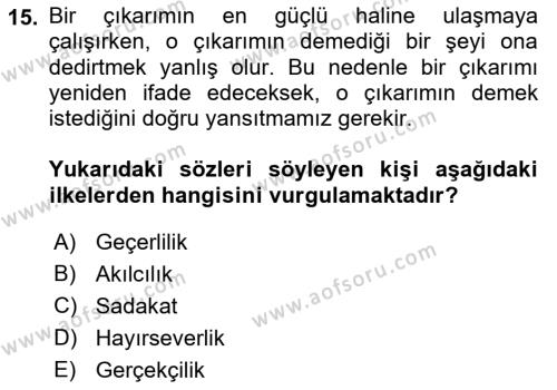 Sanatta Eleştirel Düşünce Dersi 2023 - 2024 Yılı (Vize) Ara Sınavı 15. Soru